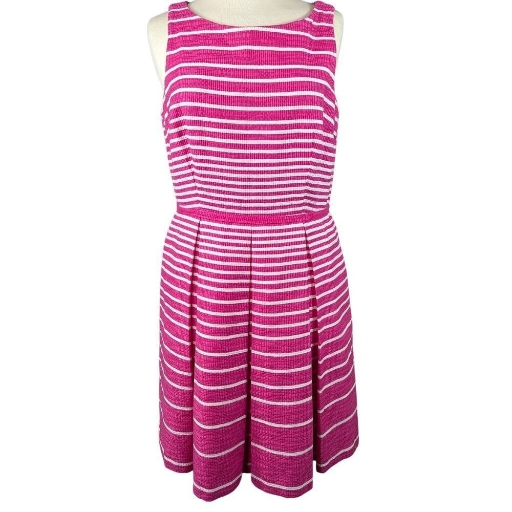 Taylor Dress Womens Size 10 Fit & Flare Pleated Pink Wht Striped Coastal Cool - Picture 2 of 16